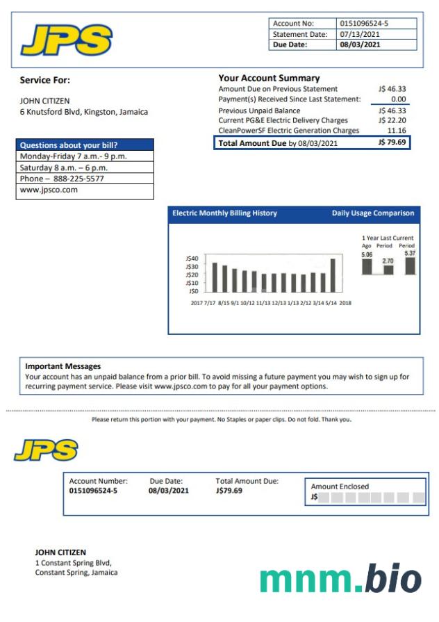 Jamaica Public Service (JPS) szablon rachunku za energię elektryczną w formacie Word i PDF